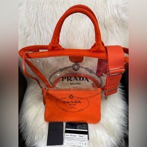 Authentic Preloved PRADA Logo Plexi Clear Crossbody Canapa Tote-Orange Canvas